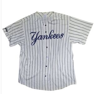 Majestic New York Yankees Button Up Short Sleeve Shirt Pin Strip Men's Size XL